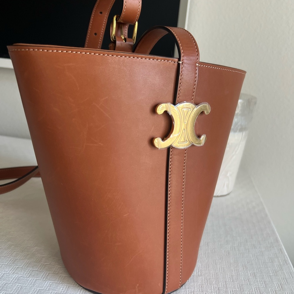 Celine Tan Leather Bucket Bag with Gold Accent - Picture 3 of 9